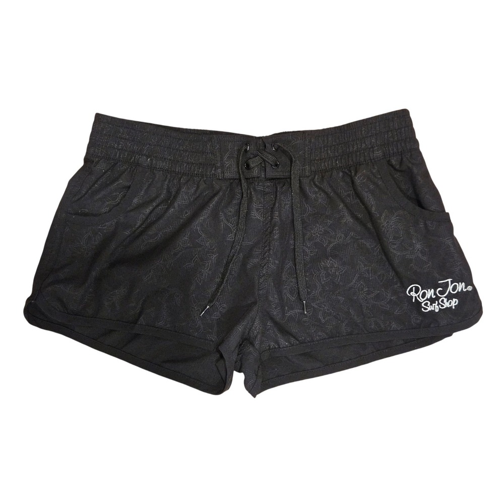 Ron Jon Surf Shop Womens Black Floral Damask Board Beach Shorts L Pockets Swim